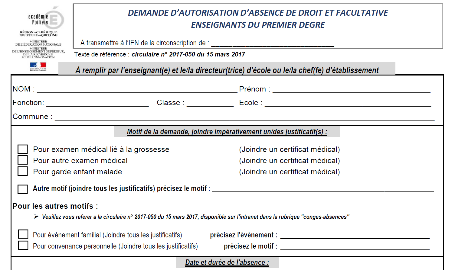 Demande Autorisation Absence Education Nationale