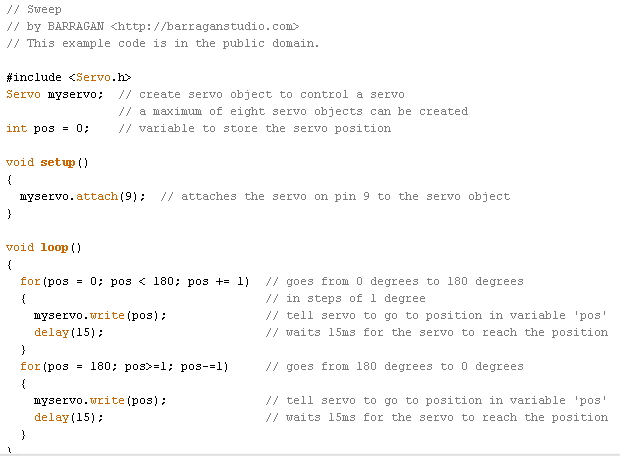 Exemple de programme, la commande servomoteurs, avec un langage proche du langage C (source : LP2I, capture d'un exemple d'Arduino, servo sweep)