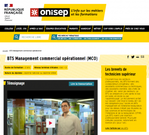 Capture d'écran de la page du BTS MCO sur le site de l'ONISEP