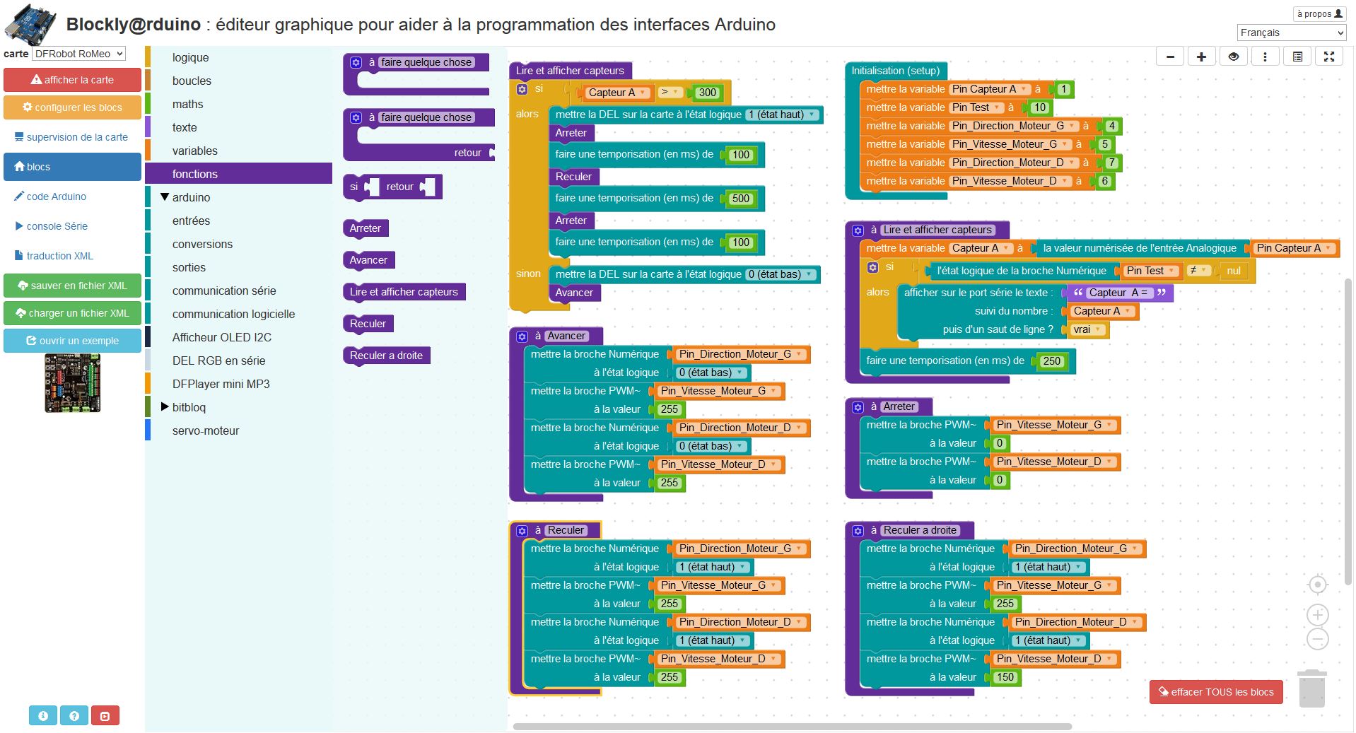 Menus, boîte à outils et espace de travail de Blockly Arduino (Source : Collège Jean Macé)
