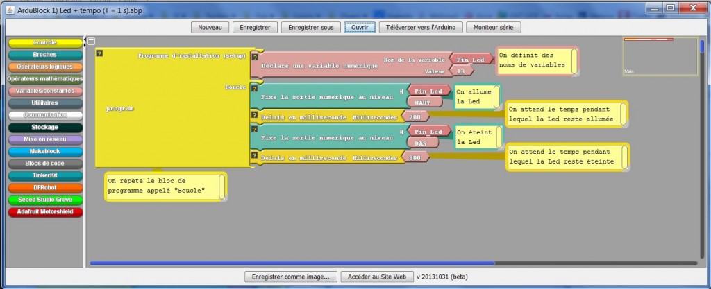 Interface du logiciel Ardublock pour programmer la carte Arduino (Source Jean Macé)