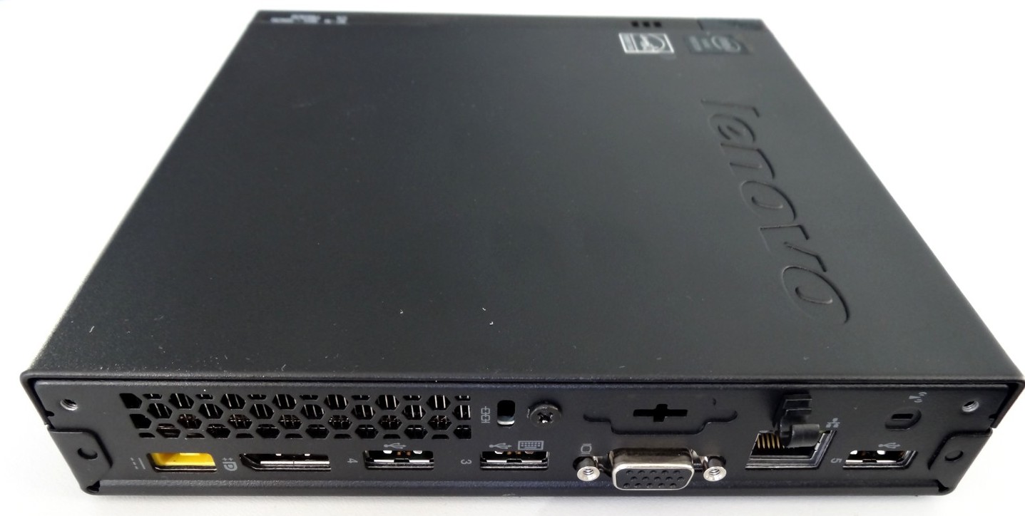 Unité centrale Lenovo M73 vue de l'arrière. De gauche à droite : connecteur pour l'alimentation externe, port esata pour disque dur externe, 2 ports USB, port VGA pour un écran, port réseau Ethernet, port USB. (Source : Collège Jean Macé)